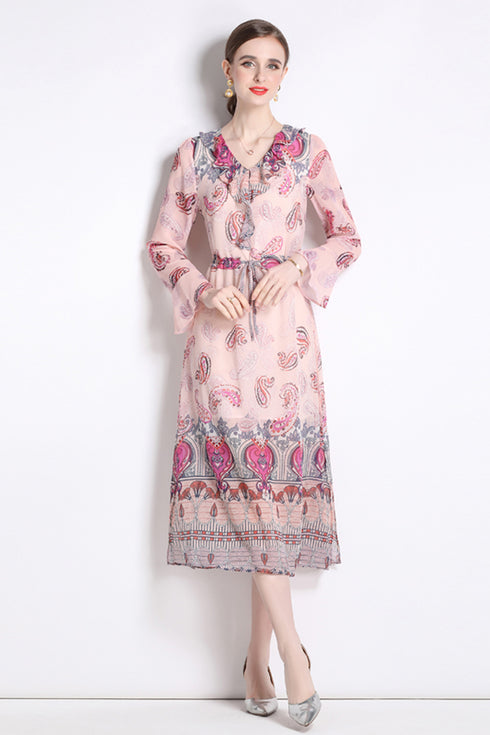Elegantly Gorgeous French Style Ruffled V-Neck, Women's Elegant Pink Floral, Long Sleeve Office, Holiday, Party Dress